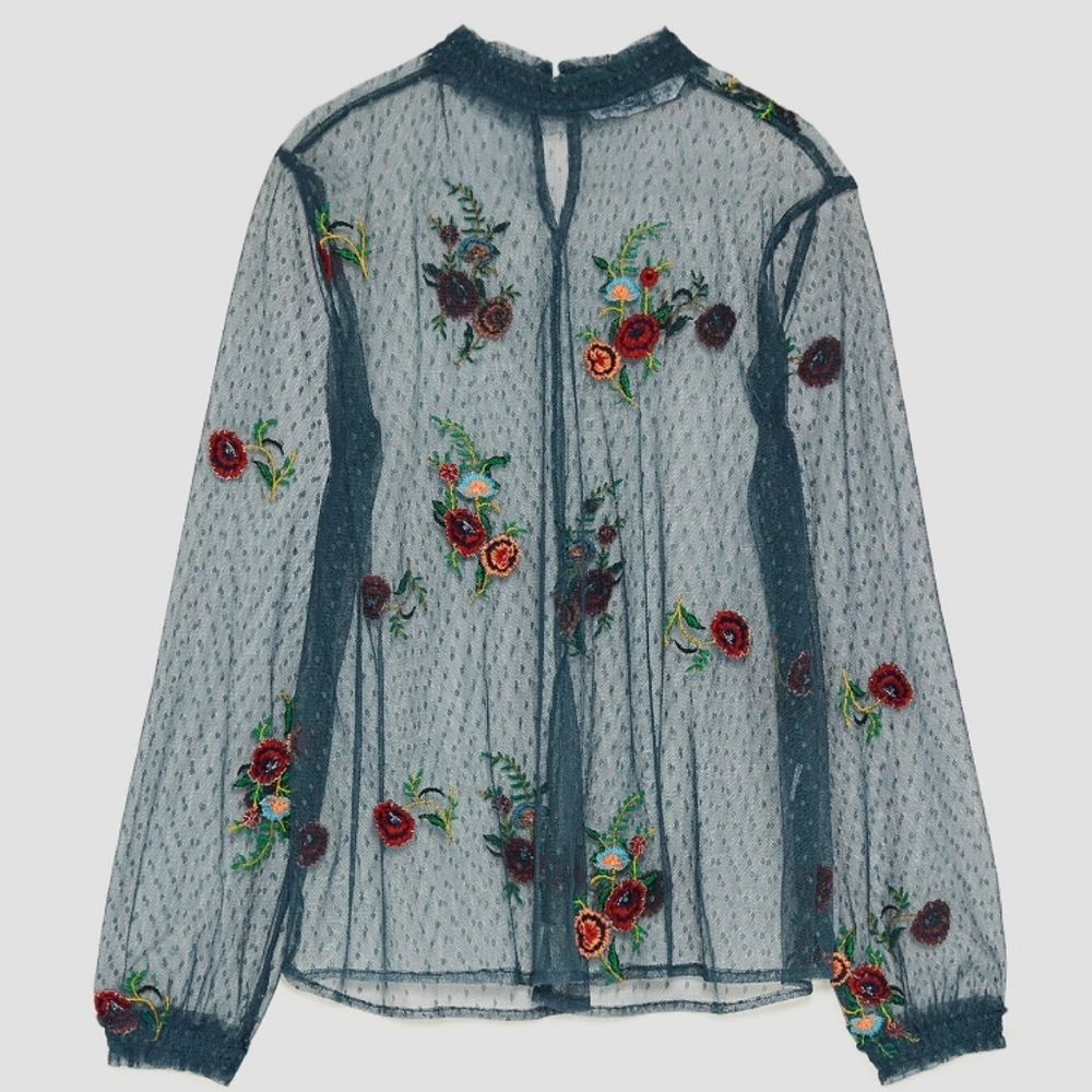ZARA Embroidered Floral Tulle Blouse in Duck Green NWT